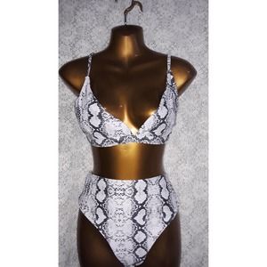 NIP Bikini Sz XL RUUHEE Black, White & Brown Snakeskin Print Hipster Swimsuit